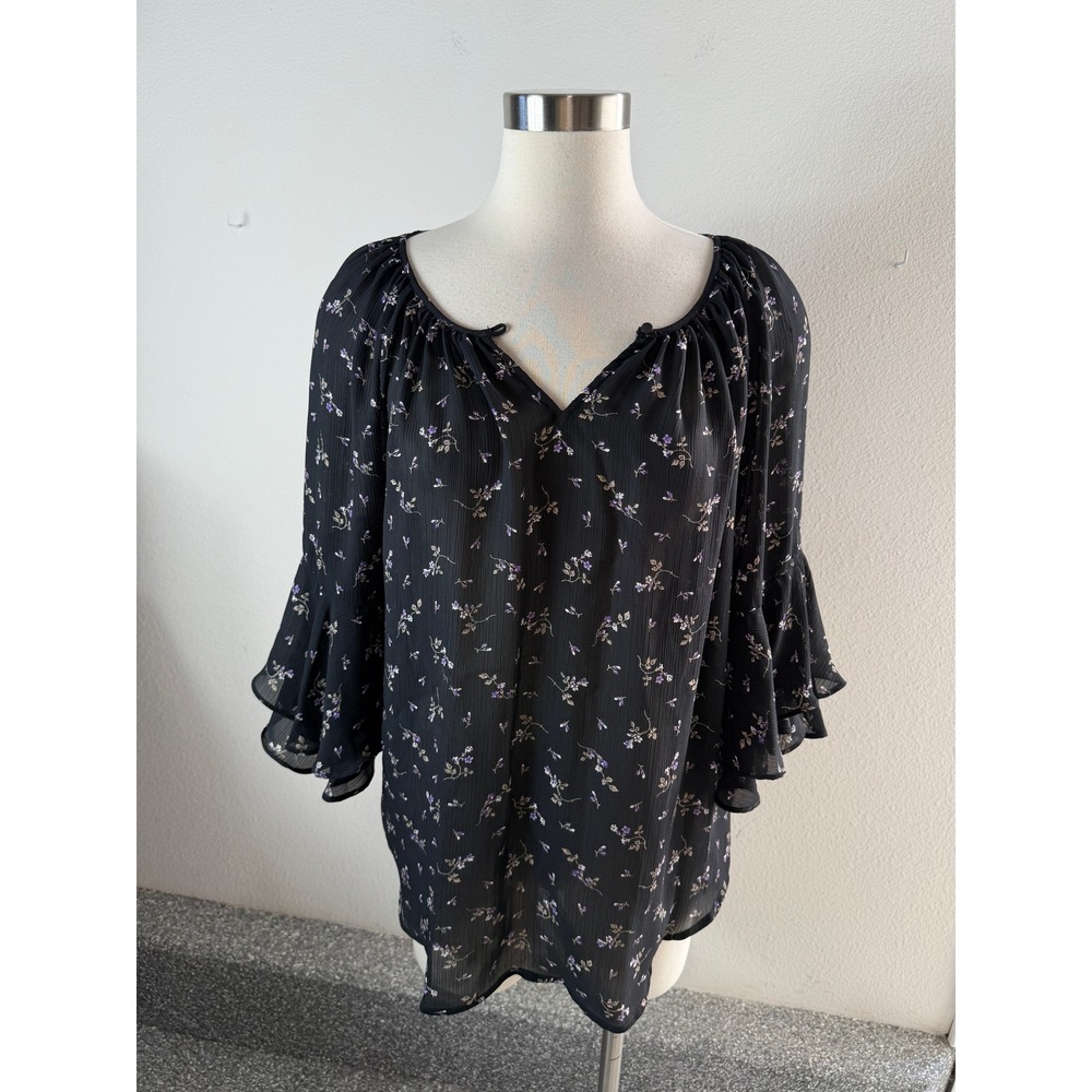 NEW Chaps Womens Medium Black Floral Tiered Bell Sleeve Peasant Blouse Top